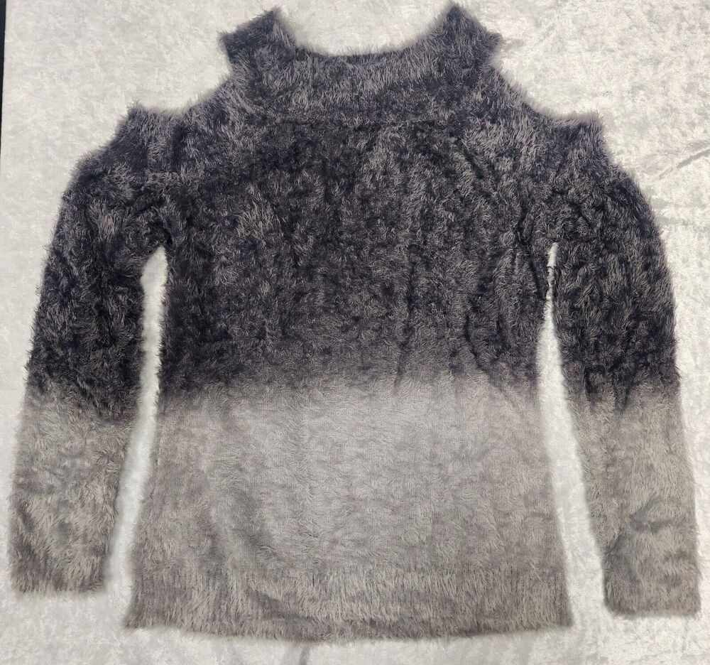 Gianni Bini Womens Gray Ombre Cold-Shoulder Fuzzy Knit Sweater-Size Small